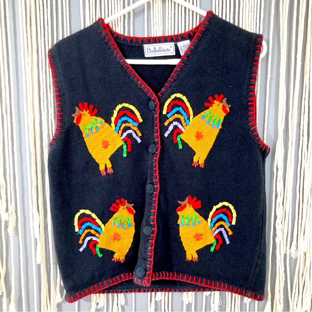 Knit Rooster Sweater Vest Ribbon Yarn Chicken Design BellePointe Size Large